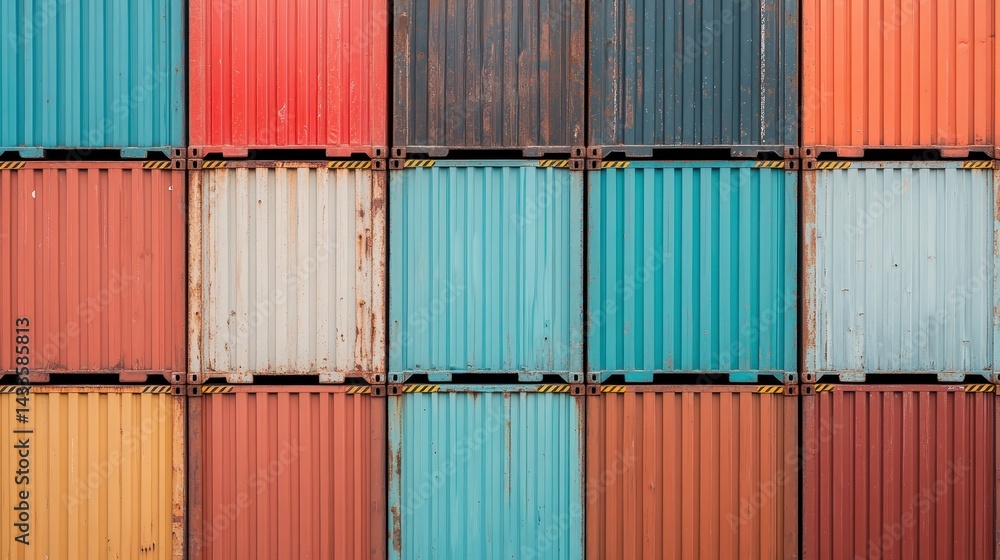 Fototapeta premium Colorful Stacked Shipping Containers Forming an Abstract Pattern in a Maritime Setting