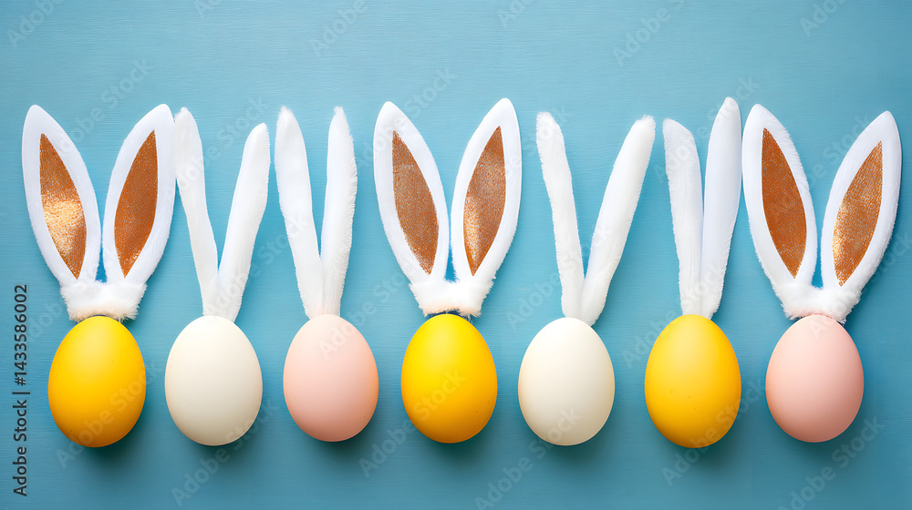 Easter background with pastel-colored eggs and bunny ears on a soft fabric surface, capturing the festive and cheerful spring holiday atmosphere.
Easter background with pastel-colored eggs and bunny ears on a soft fabric surface, capturing the festive and cheerful spring holiday atmosphere.