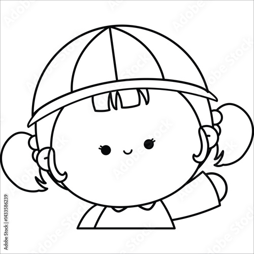 a vector of a cute girl with kindergarten hat in black and white coloring

