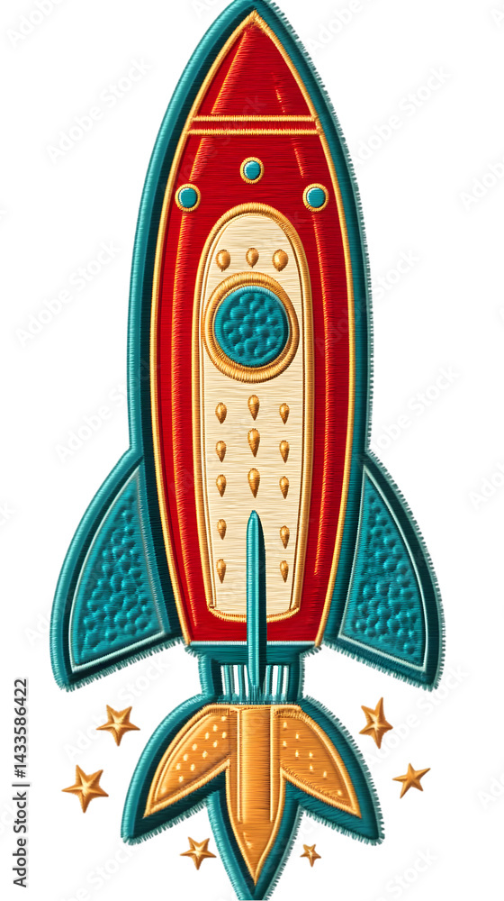 Retro Rocket Illustration in Red Gold and Blue on Transparent Background