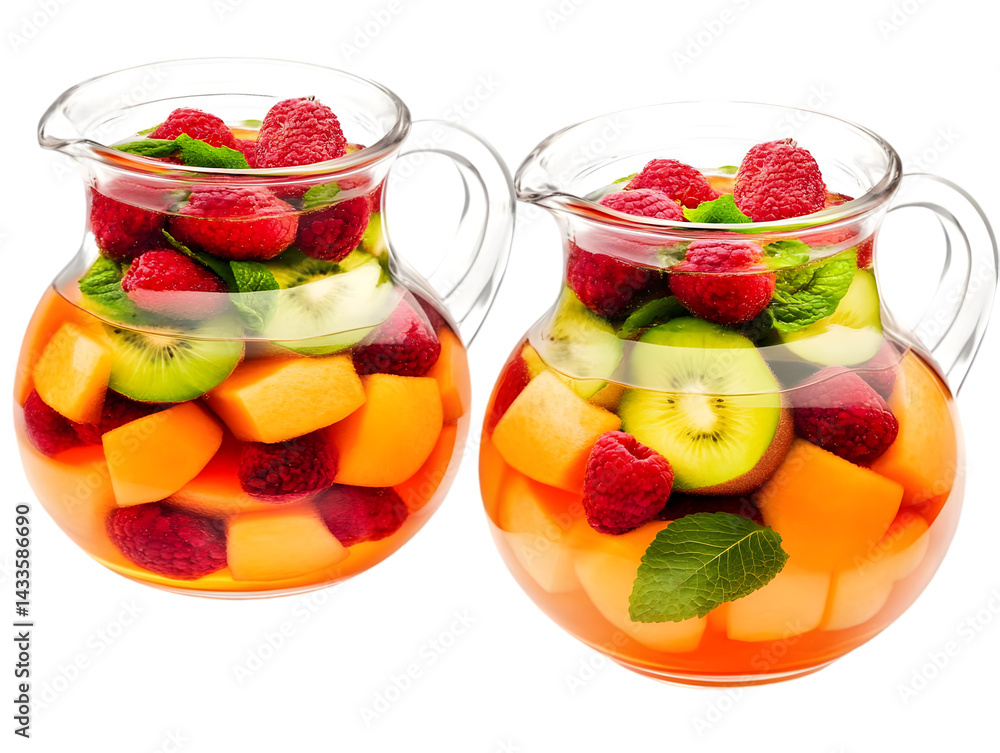 Refreshing Summer Fruit Drink in Transparent Pitchers Isolated Photo
