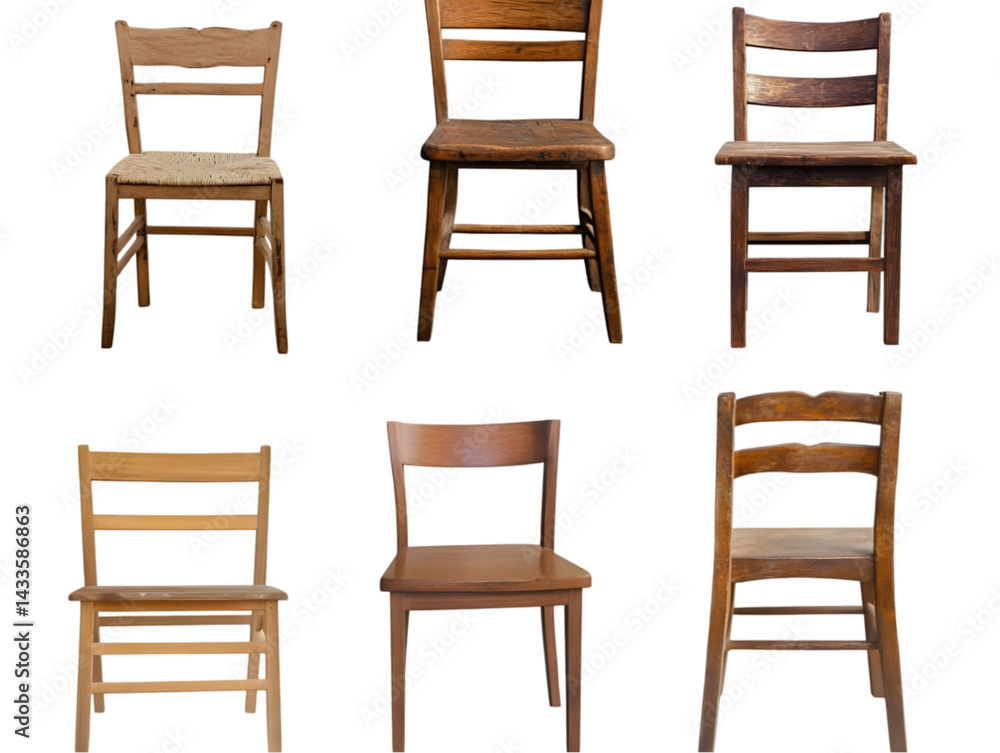 Six Different Wooden Chairs Isolated on Transparent Background Photo