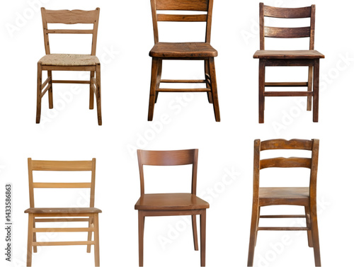 Obraz na płótnie Six Different Wooden Chairs Isolated on Transparent Background Photo w salonie