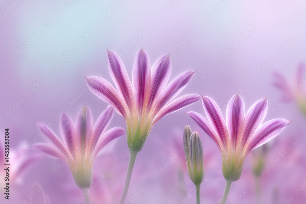 Fototapeta premium Pink and purple flowers with long petals and green stems on soft pastel background
