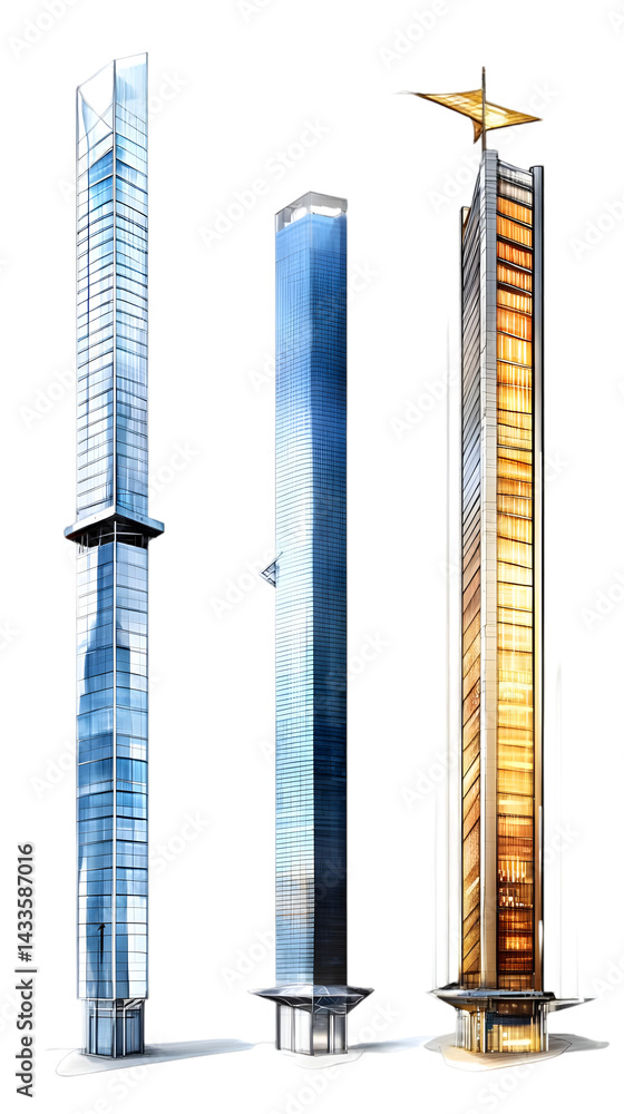 Skyscrapers Illustration of Modern Tall Buildings Isolated on Transparent