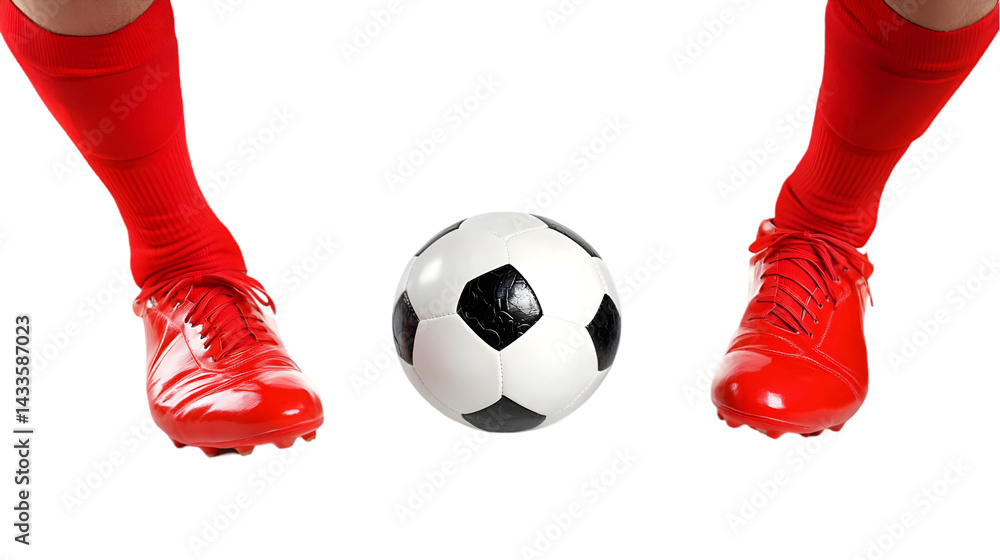 Soccer Ball Between Red-Shoed Feet Isolated on Transparent Background