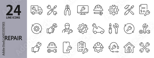 Repair line icons set with Service, Support, Workshop, Toolbox, Tool, Computer and more. Editable Stroke