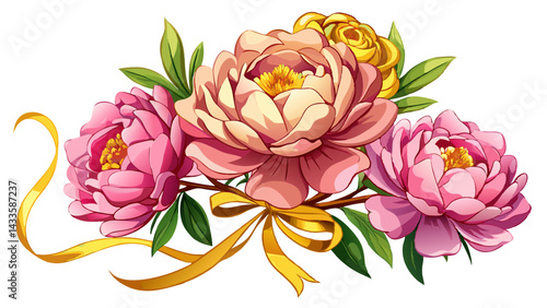  Very beautiful pink and yellow peonies wedding gold ribbon tied white Background ,transparent background