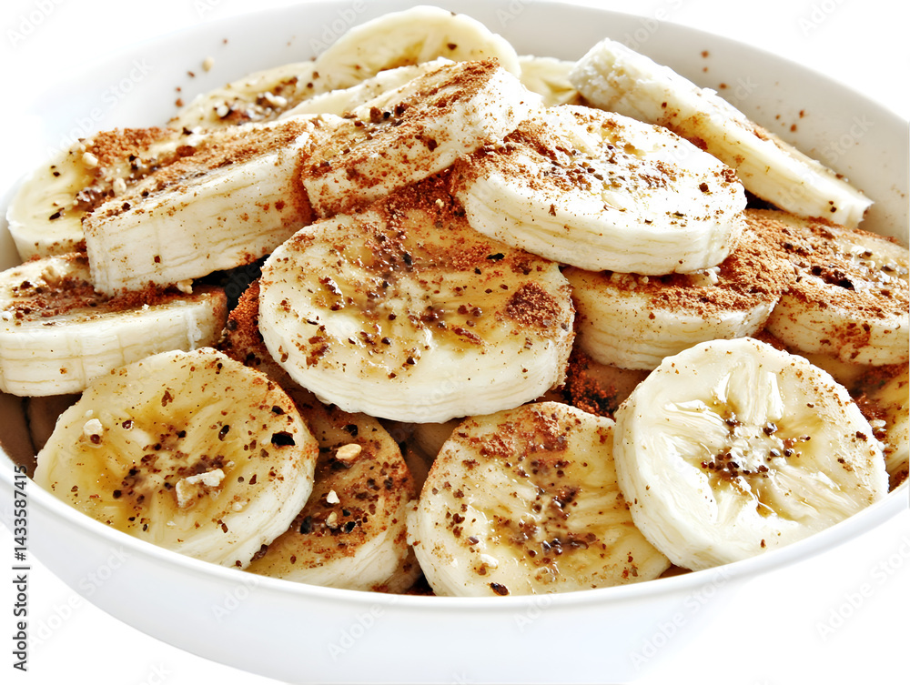Sliced Bananas In White Bowl With Brown Seasoning Isolated Photo