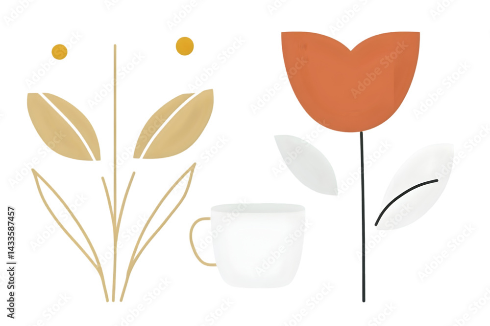 Stylized Floral Illustration With Beige And Orange Flowers On Transparent Background