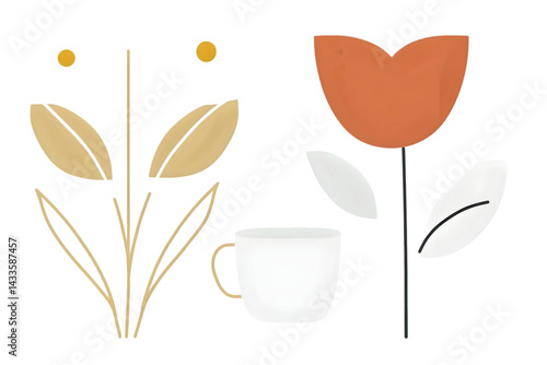 Obraz na płótnie Stylized Floral Illustration With Beige And Orange Flowers On Transparent Background w salonie