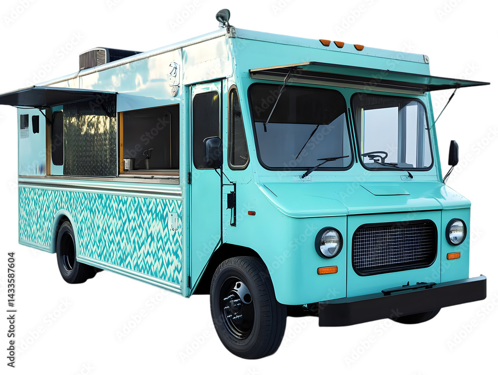 Teal Food Truck Illustration With Open Window on Isolated Transparent Background