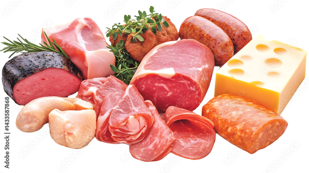 Still Life of Stacked Assorted Meats Sausages and Cheese on Black