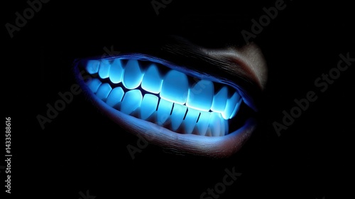 A digitally rendered close-up of a mouth with , glowing blue teeth set against a stark black background creating a dramatic and slightly unsettling image perfect for horror or
