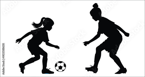 Two Girls Play Soccer Shadow Illustration Against White Backdrop