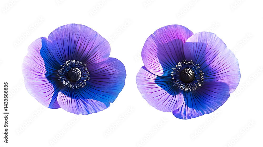 Two Purple Blue Anemone Flowers Isolated On Transparent Background Illustration