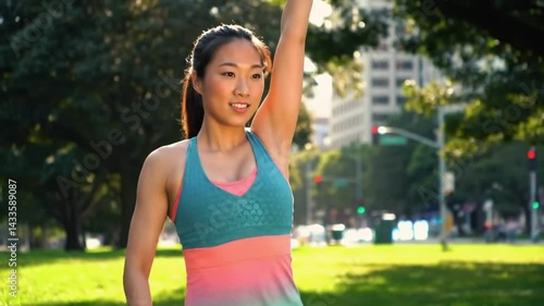 Young adult confidence beautiful Asian girl wear sport cloth doing fitness exercise and practice yoga at public park, Wellness, Healthy and active lifestyles