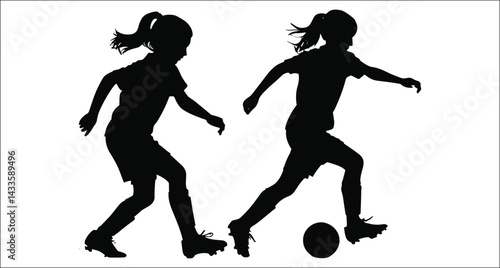 Two Silhouette Girls Play Soccer Kicking Ball With Energy And Focus
