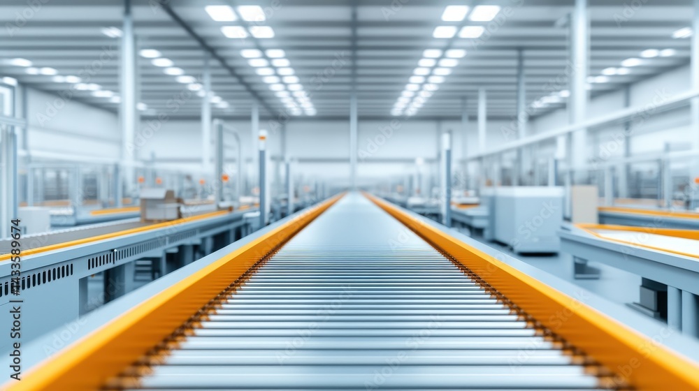 Fototapeta premium A modern warehouse interior featuring long conveyor belts and bright lighting, designed for efficient logistics and automation.