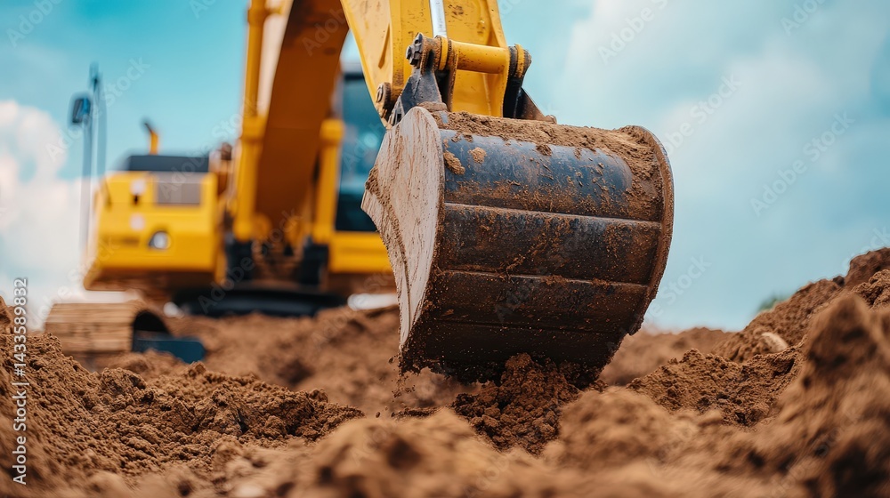 Fototapeta premium An excavator's bucket scoops up dirt on a construction site, showcasing heavy machinery in action against a cloudy sky.