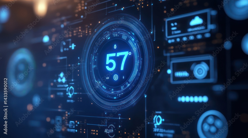 Obraz premium Digital interface displays temperature and weather data through glowing circuit board, representing advanced technology.