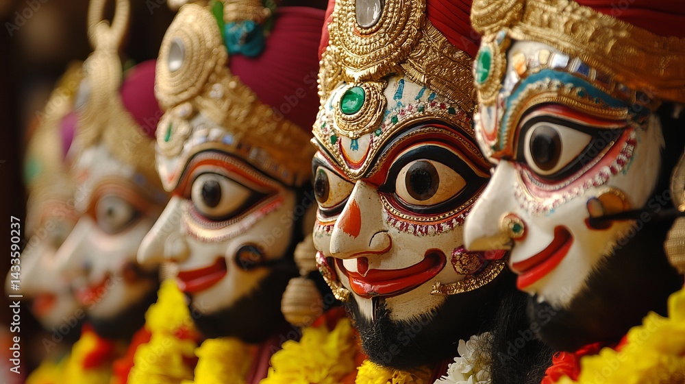 Vibrant Colorful Indian Deity Masks Festive Religious Art Detailed Traditional Culture Rich Heritage Ancient Mythology Spiritual Masks Ornate Headwear Vibrant Colorful Indian Deity Masks Festive Religious Art Detailed Traditional Culture Rich Heritage Ancient Mythology Spiritual Masks Ornate Headwear