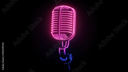 Neon microphone stands, illuminated against dark backdrop, adding vibrant color, modern aesthetic, artistic flair.