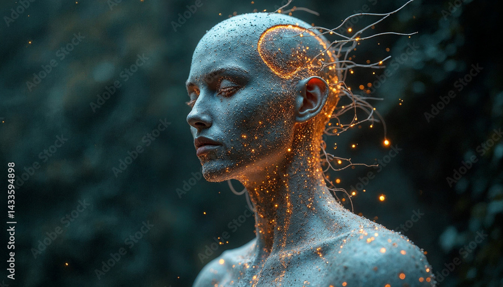 Digital human, brain connections, cyborg, android, AI, and quantum computing in a futuristic setting Digital human, brain connections, cyborg, android, AI, and quantum computing in a futuristic setting