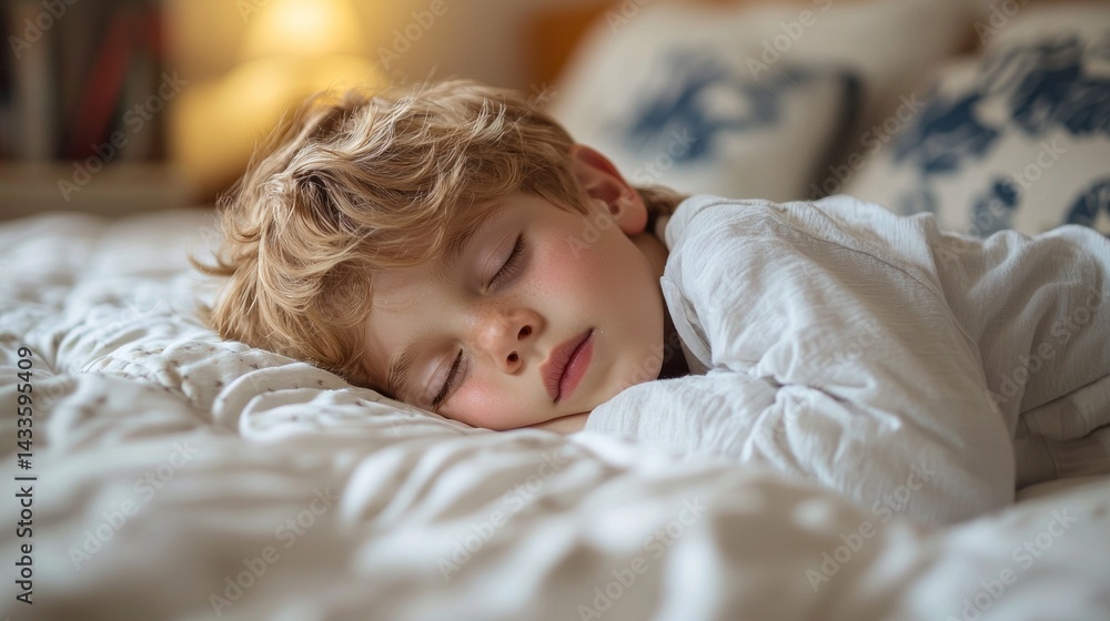 A young boy is sleeping on a bed A young boy is sleeping on a bed