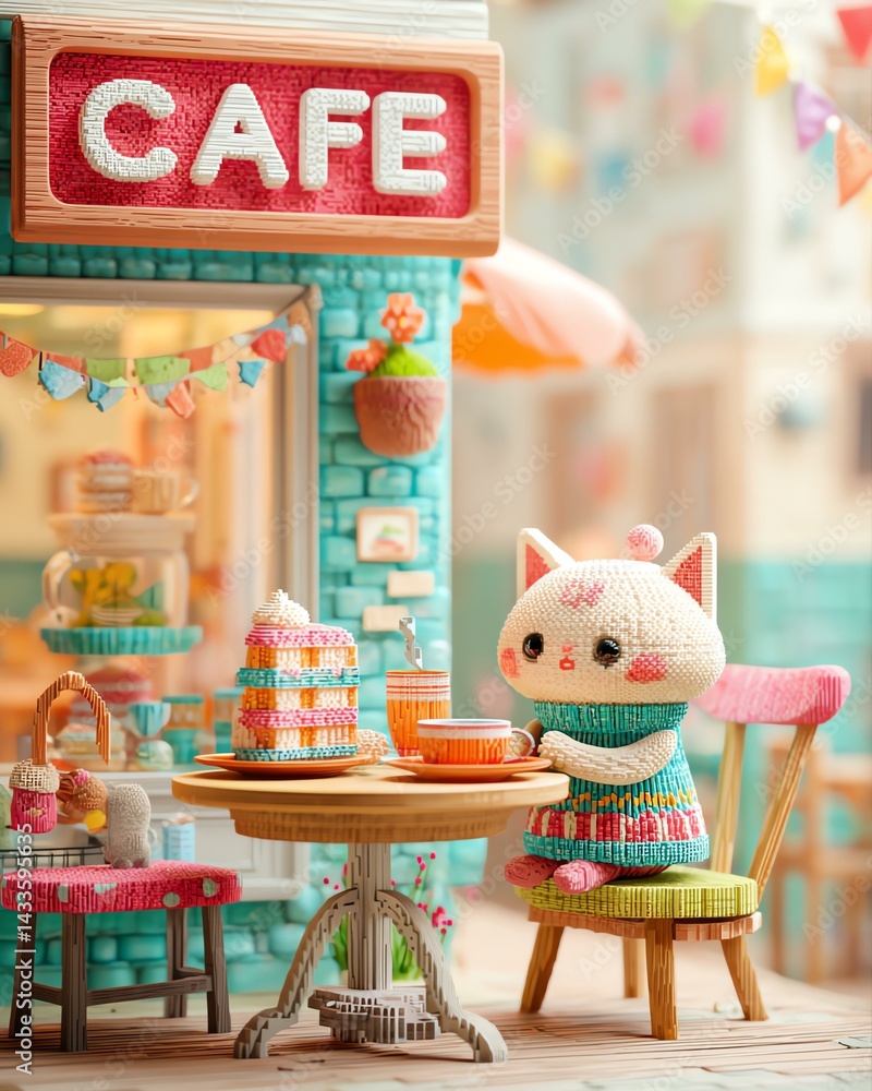 Naklejka premium Cute cafe scene with a plush cat toy.