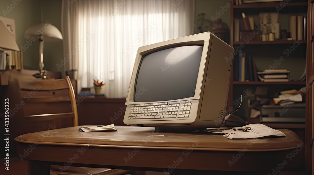 A poorly adjusted computer monitor on a messy office desk causing a downward neck angle A poorly adjusted computer monitor on a messy office desk causing a downward neck angle