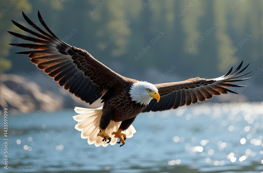 Fototapeta premium image of a majestic Sea Eagle in mid-flight over a crystal-clear blue water lake,
