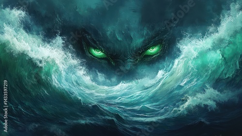 Ocean waves forming monster face, glowing green eyes, illustration evoking awe, power, sense foreboding.