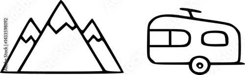 Camping Adventure Cartoon Illustration of Mountains and a Campervan for Travel and Holiday Designs