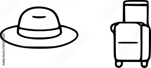 Simple line drawing illustration of a sun hat and a suitcase ready for a summer vacation travel adventure