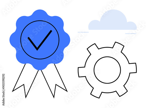 Blue ribbon badge with checkmark, gear, and cloud symbolizing reliability, process optimization, and security. Ideal for certification, innovation, technology, workflow strategy cloud service