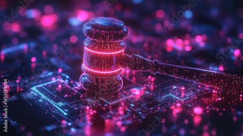 Digital gavel resting cyber circuit, symbolizing law, justice technology within artificial intelligence landscapes.