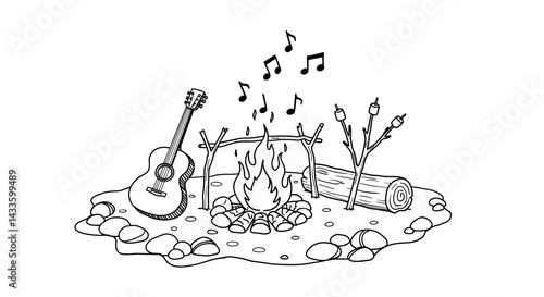 Cozy campfire scene line art illustration for coloring, featuring a guitar, roasting marshmallows, music notes, and logs