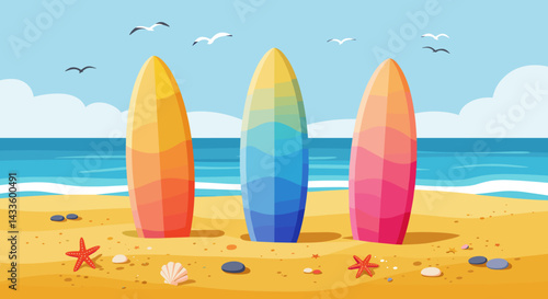 Vibrant beach illustration displaying three colorful gradient surfboards standing upright in the sand near seashells and the ocean