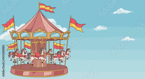 Cheerful illustration of a classic amusement park carousel merry-go-round with decorated white horses and flags against a blue sky