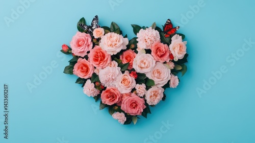 Heart-Shaped Floral Arrangement Featuring Soft Pink Roses and Blossoms with Butterflies on a Bright Blue Background