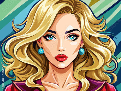 vector of Beautiful girl with wonderful blonde hair color. Stylish hair curls are done in a beauty salon. Trendy make-up