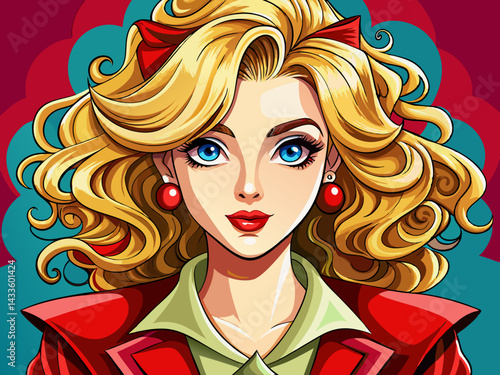 vector of Beautiful girl with wonderful blonde hair color. Stylish hair curls are done in a beauty salon. Trendy make-up