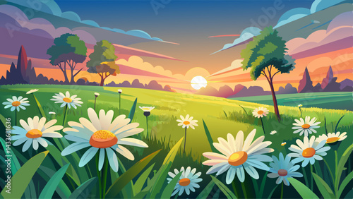 The landscape of white daisy blooms in a field, with the focus on the setting sun. The grassy meadow is blurred, creating a warm golden hour effect during sunset and sunrise time