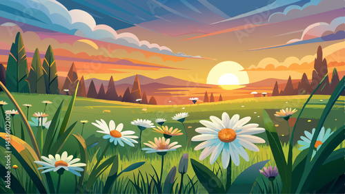 The landscape of white daisy blooms in a field, with the focus on the setting sun. The grassy meadow is blurred, creating a warm golden hour effect during sunset and sunrise time