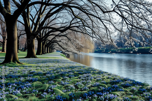 Obraz na płótnie Spring Blossom Lined Canal in Park w salonie