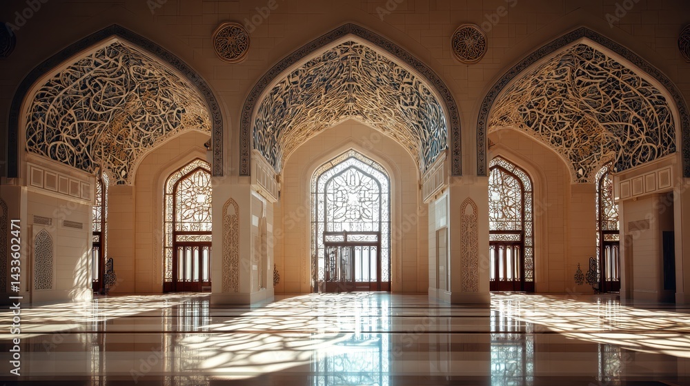 Obraz premium Sunlight streams through large ornate windows, casting beautiful shadows across the polished floor of a mosque with intricate arches and detailed arabesque patterns
