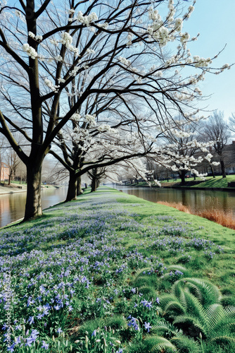 Obraz na płótnie Spring Blossoms Along the Canal w salonie