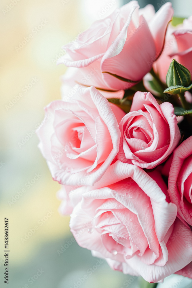 Close-up of Delicate Pink Roses with Water Droplets