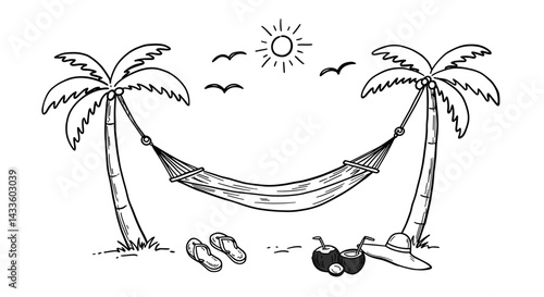 Relaxing tropical beach scene coloring page featuring a hammock strung between palm trees, coconut drinks, and a sun hat